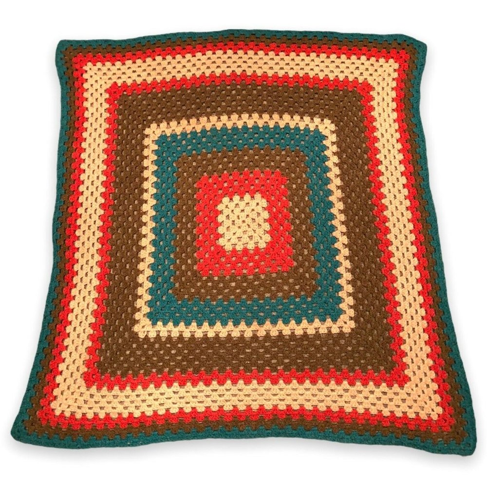 Vintage Handmade Knit Crochet Blanket Afghan Green/Brown Large Square 45” X 45”